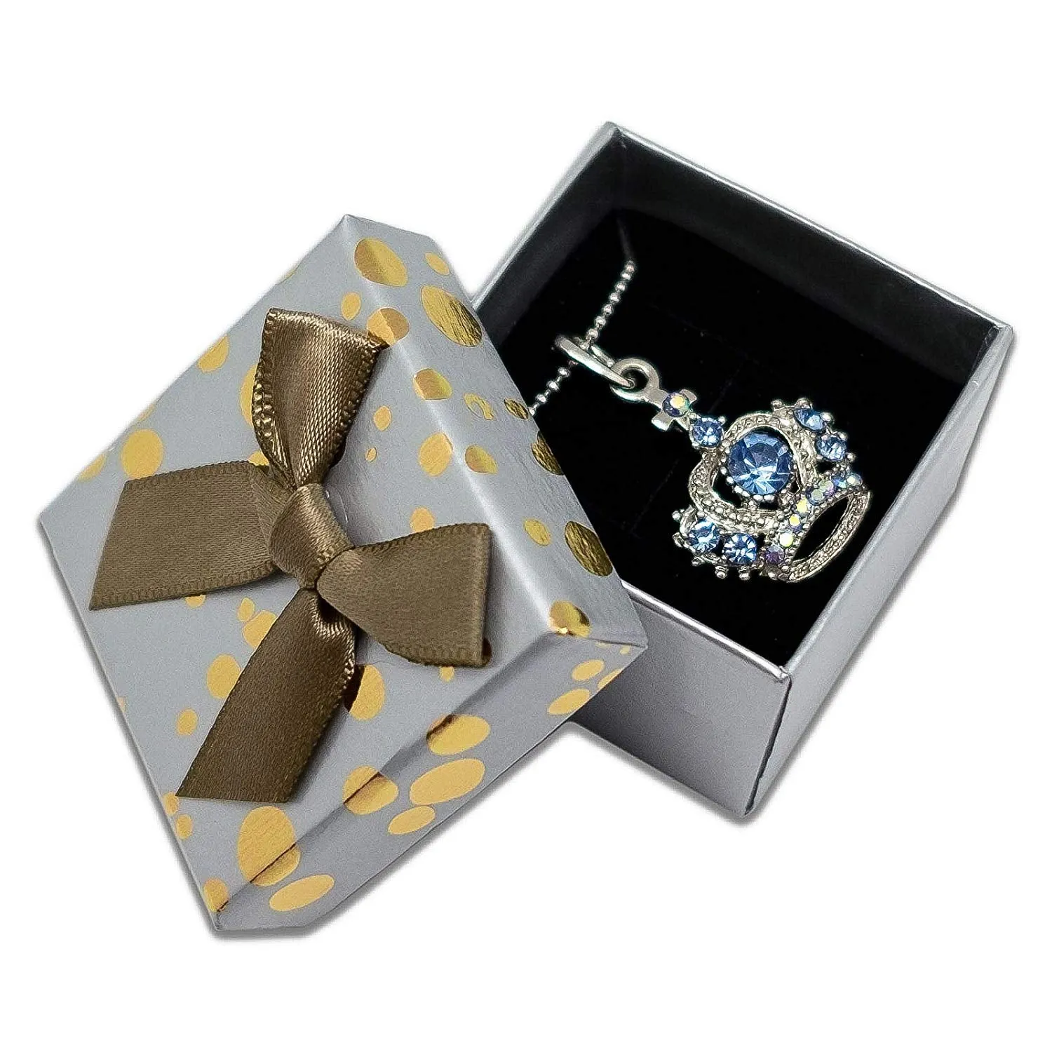 1 3/4" x 1 3/4" Gray and Gold Polka Dot Cardboard Ribbon Bow Jewelry Box