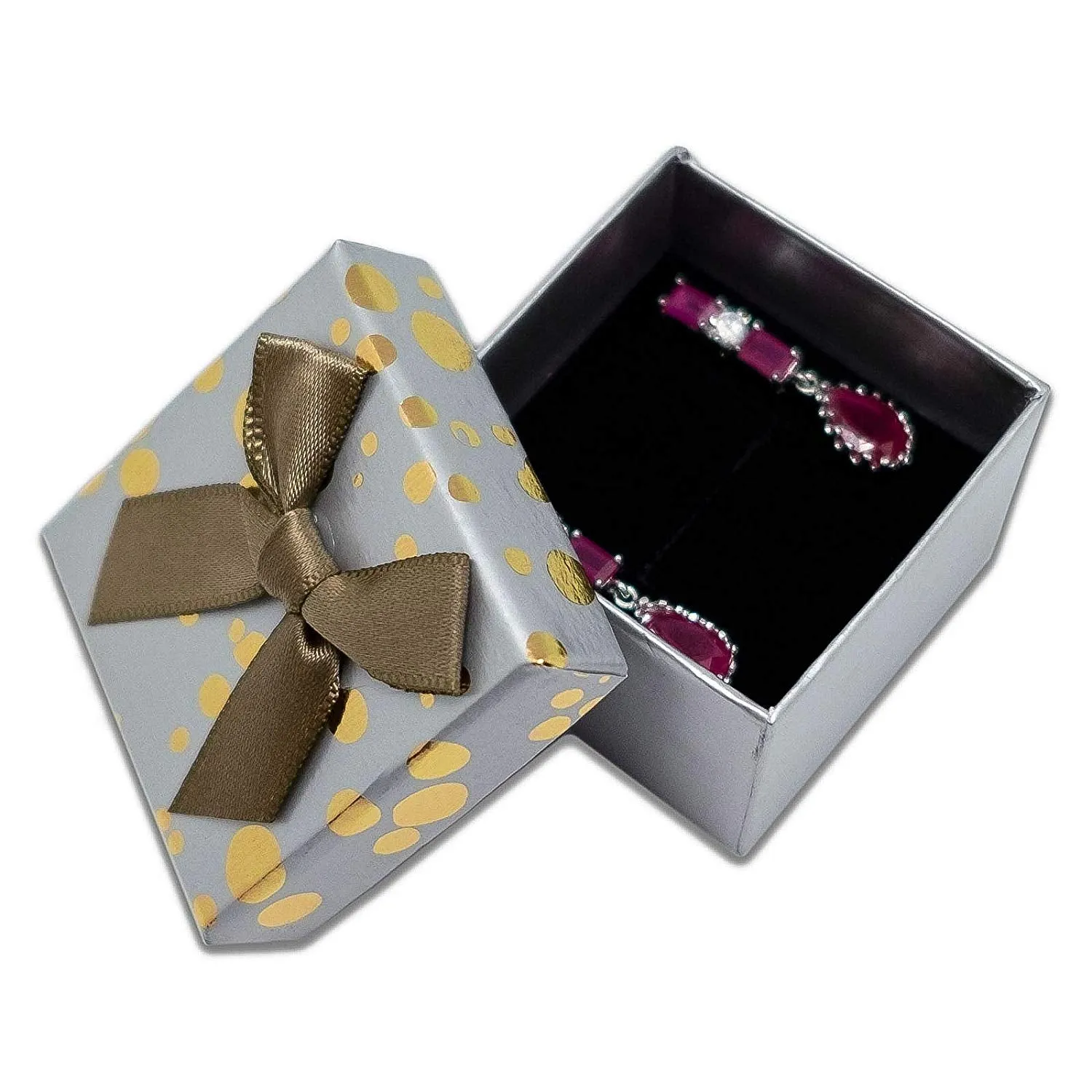 1 3/4" x 1 3/4" Gray and Gold Polka Dot Cardboard Ribbon Bow Jewelry Box