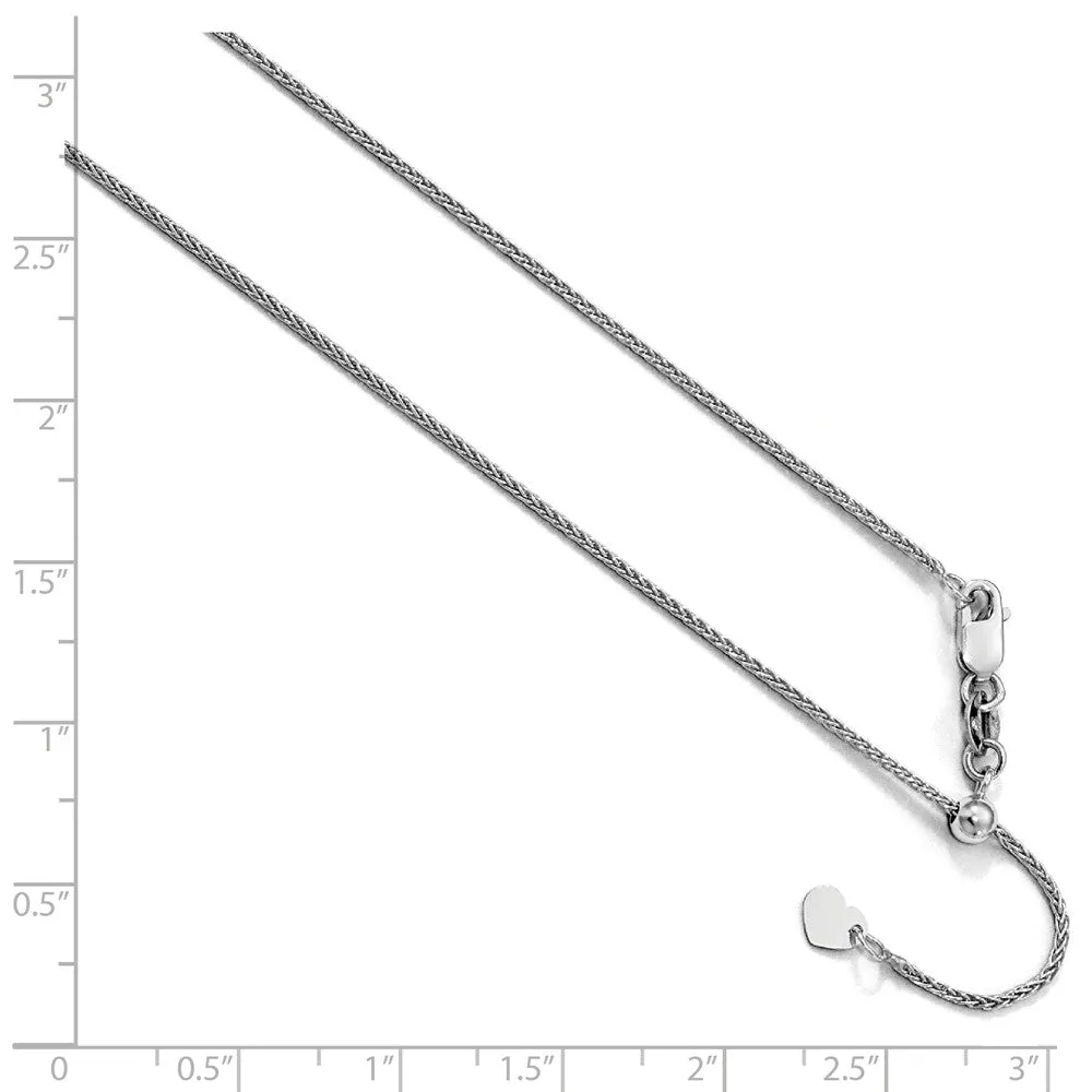 10K White Gold Adjustable Wheat Chain Necklace with Rhodium Plating