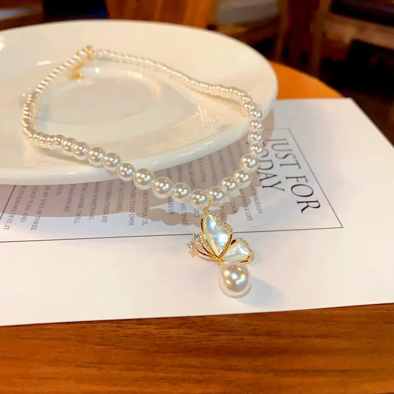 14K Gold-Plated Elegant Pearl Butterfly Necklaces