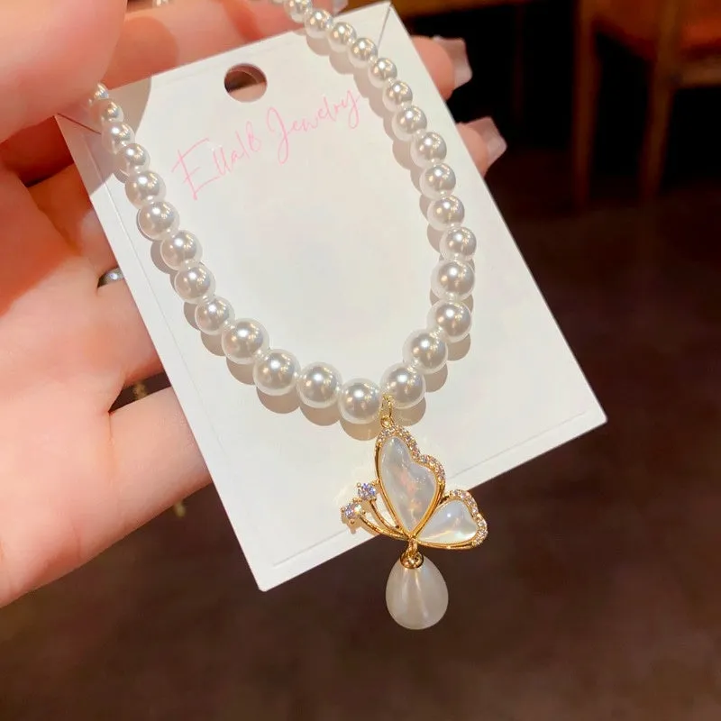 14K Gold-Plated Elegant Pearl Butterfly Necklaces