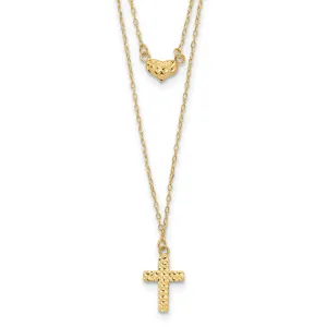 14K Gold Polished Cross & Heart Necklace with Extender Elegant Women's Jewelry