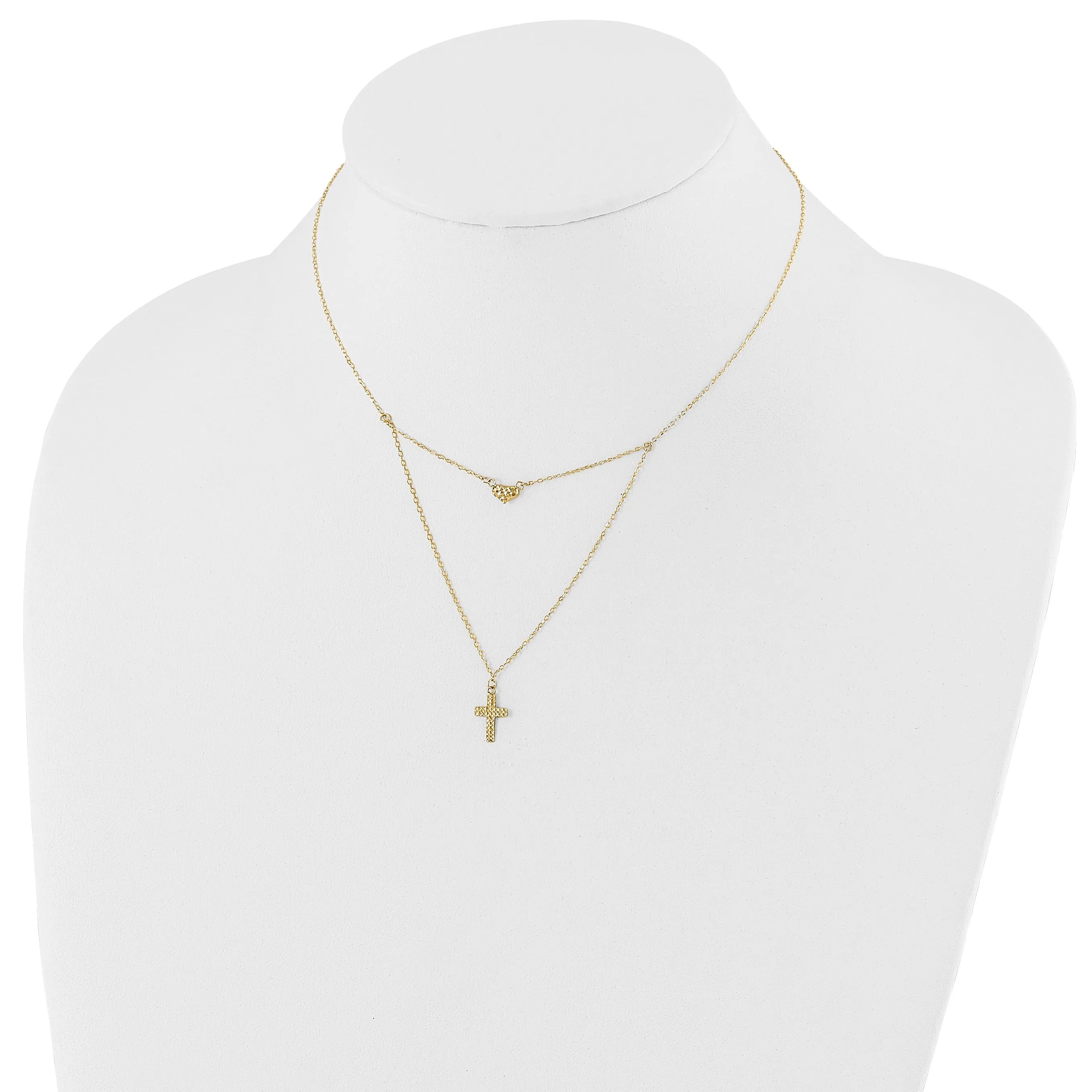 14K Gold Polished Cross & Heart Necklace with Extender Elegant Women's Jewelry