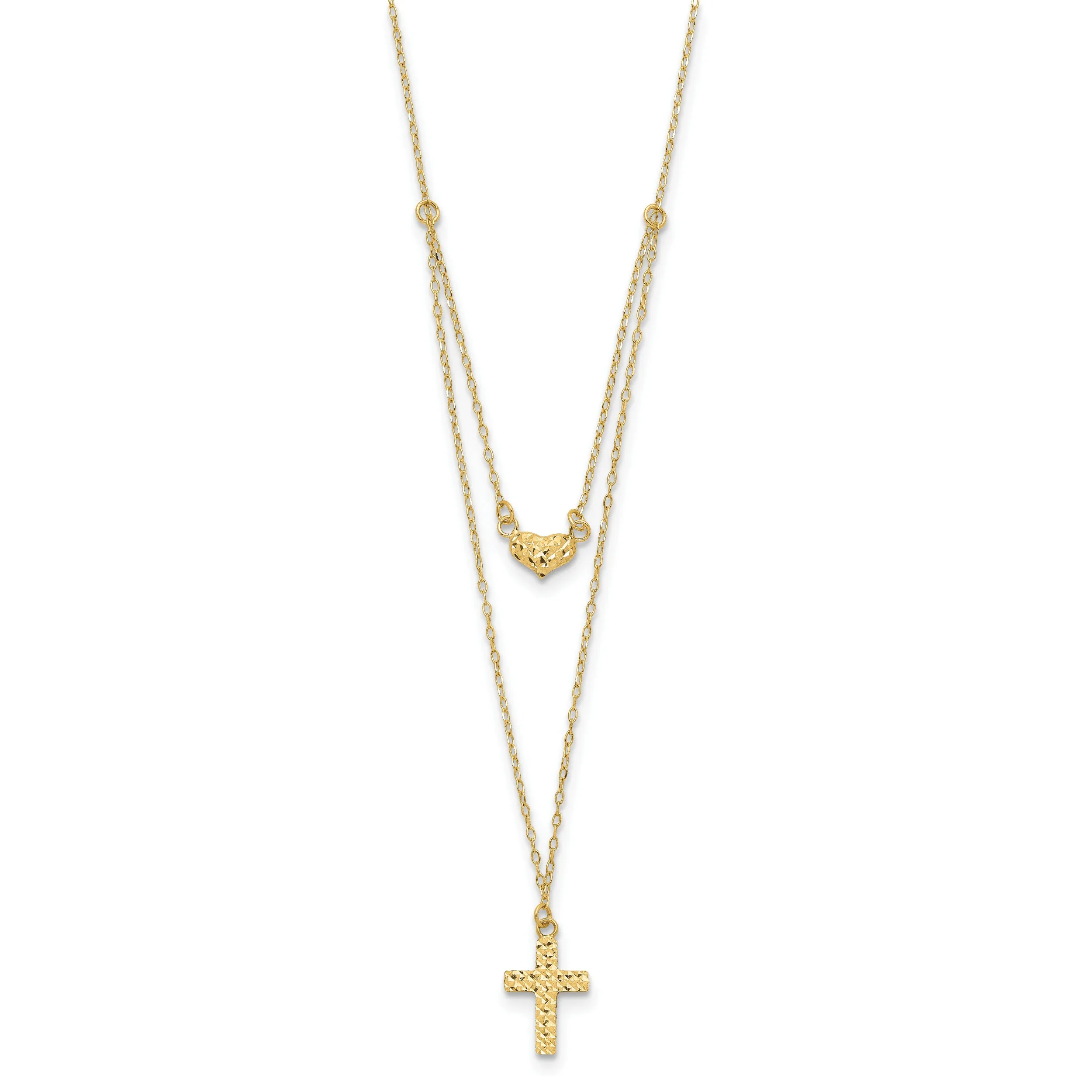 14K Gold Polished Cross & Heart Necklace with Extender Elegant Women's Jewelry