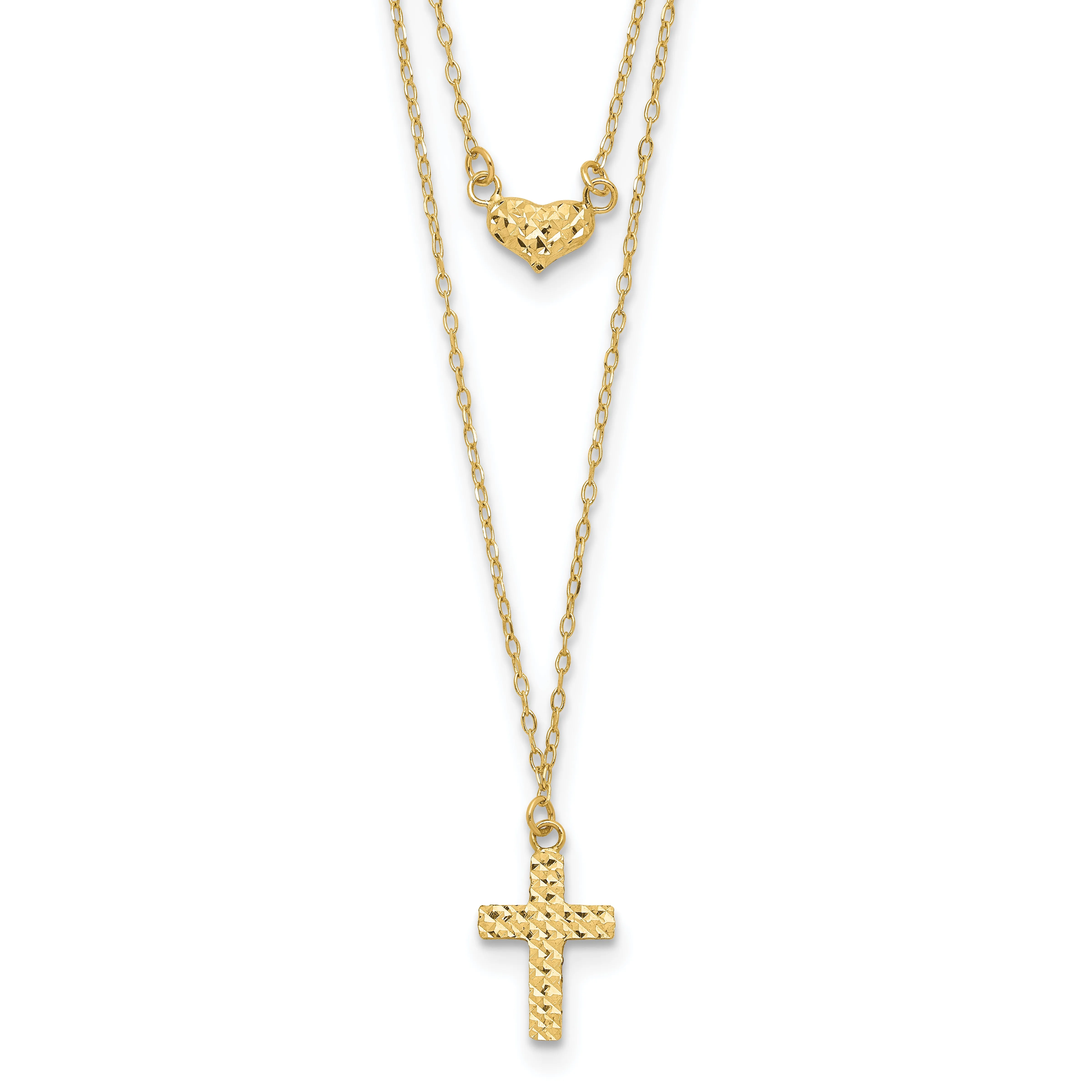 14K Gold Polished Cross & Heart Necklace with Extender Elegant Women's Jewelry