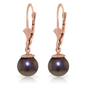 14K Solid Rose Gold Leverback Earrings w/ Natural Black Pearls