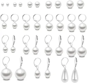 16 Pairs Pearl Earrings Sets.Composite Mixed Sizes Imitation Pearl Jewelry,Hypoallergenic Surgical Steel Stud & Hoop Dangle Earrings for Daily Wear Gift for Wife Mom Women
