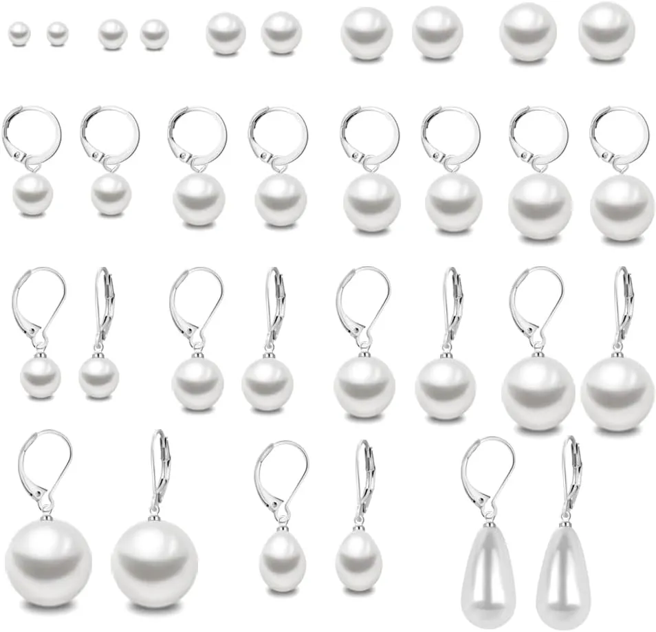 16 Pairs Pearl Earrings Sets.Composite Mixed Sizes Imitation Pearl Jewelry,Hypoallergenic Surgical Steel Stud & Hoop Dangle Earrings for Daily Wear Gift for Wife Mom Women