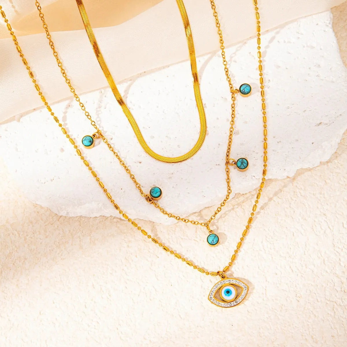 18K gold multi-layer chain with devil's eye diamond design trendy and unique necklace