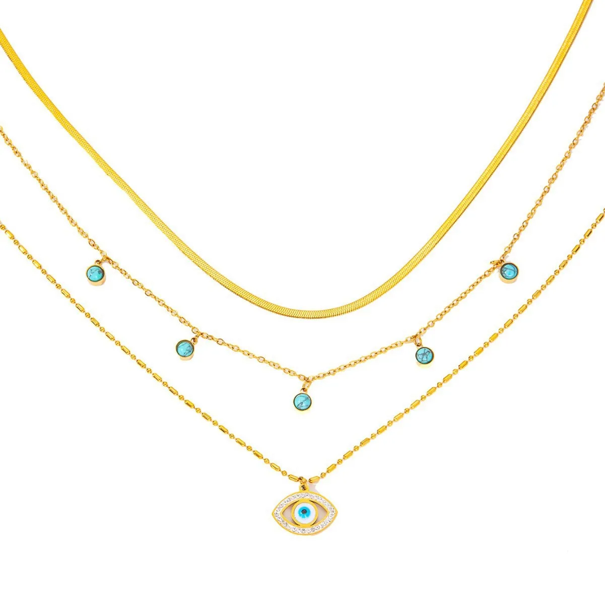 18K gold multi-layer chain with devil's eye diamond design trendy and unique necklace
