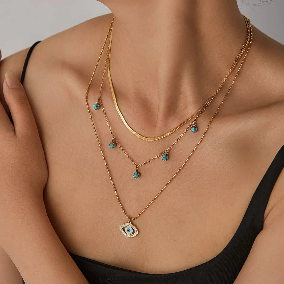 18K gold multi-layer chain with devil's eye diamond design trendy and unique necklace