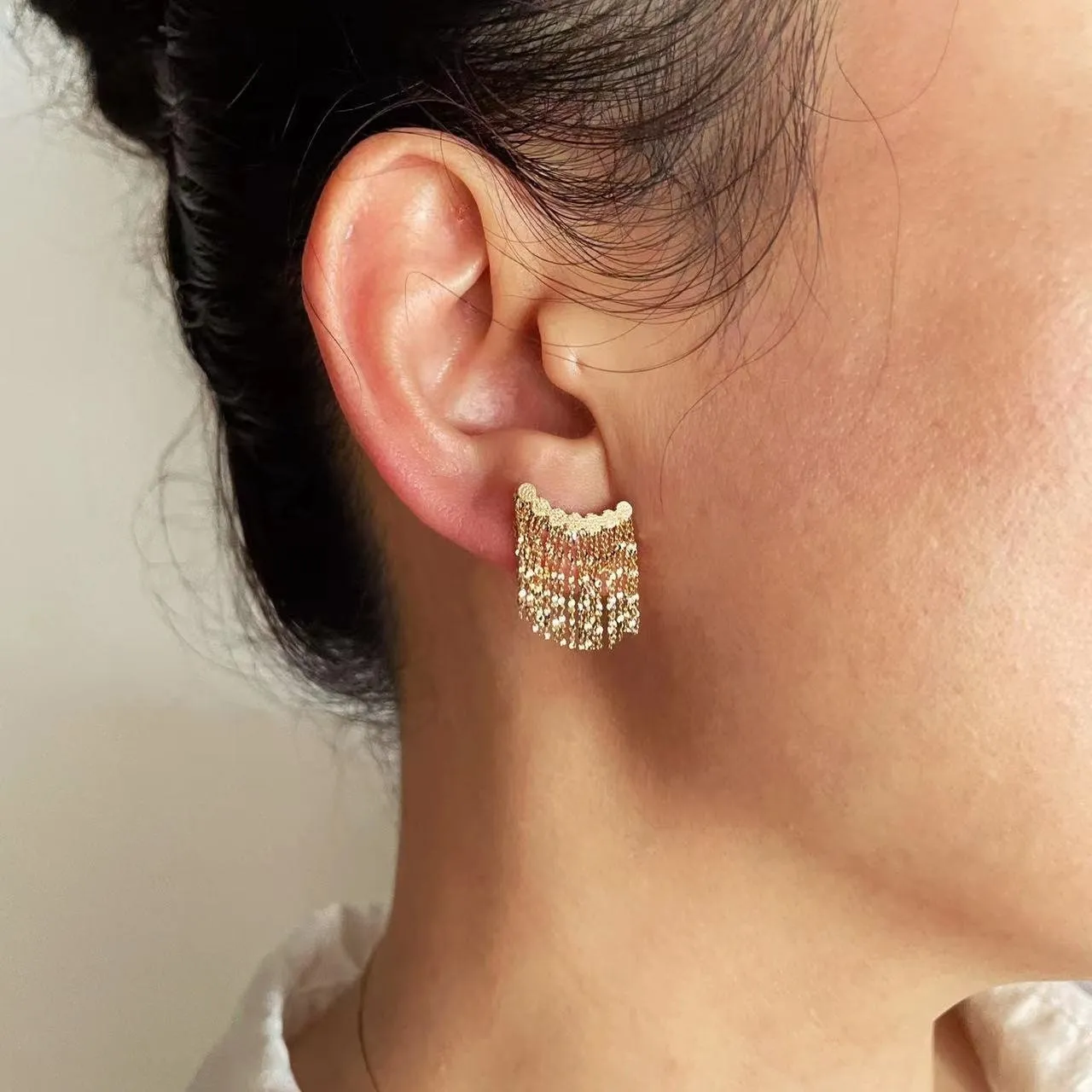 18k Solid Gold Tassel Fringe Smile Earrings