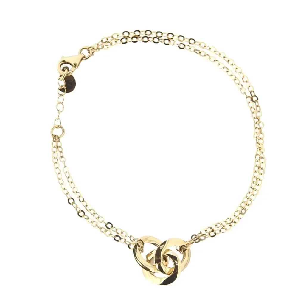 18k Solid Yellow Gold Three Oval Polished Ring and Diamond cut cable Double chain Bracelet 7 inches