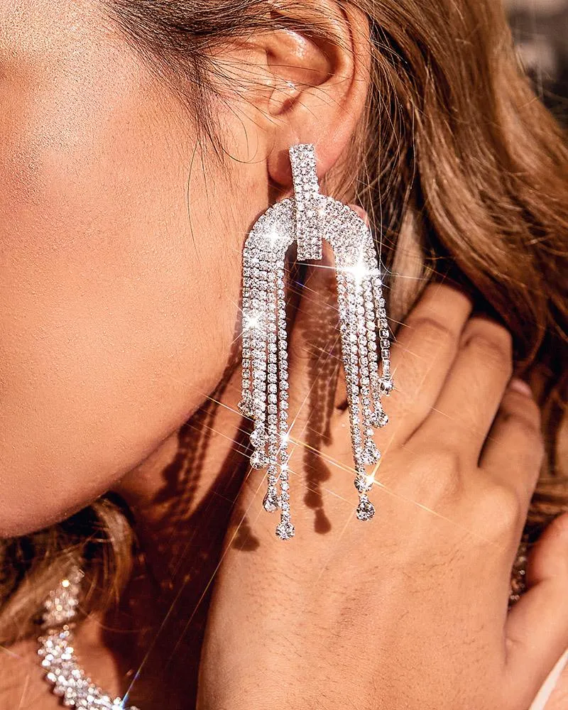 1Pair Asymmetrical Tassel Design Rhinestone Drop Earrings