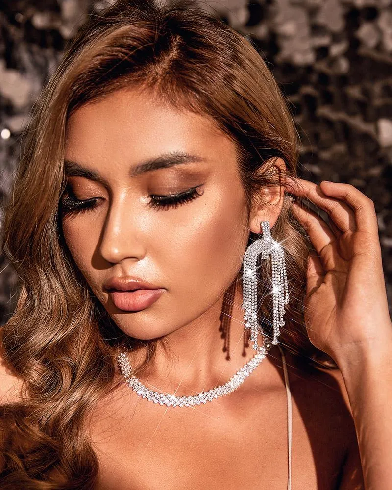 1Pair Asymmetrical Tassel Design Rhinestone Drop Earrings