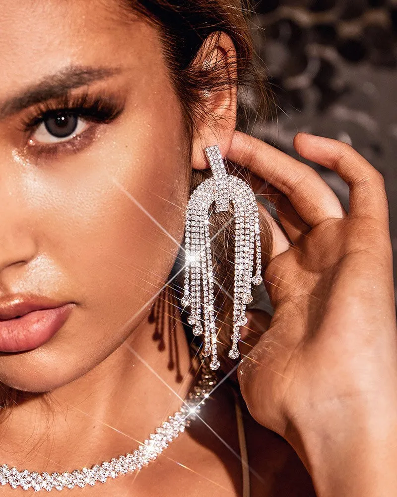 1Pair Asymmetrical Tassel Design Rhinestone Drop Earrings