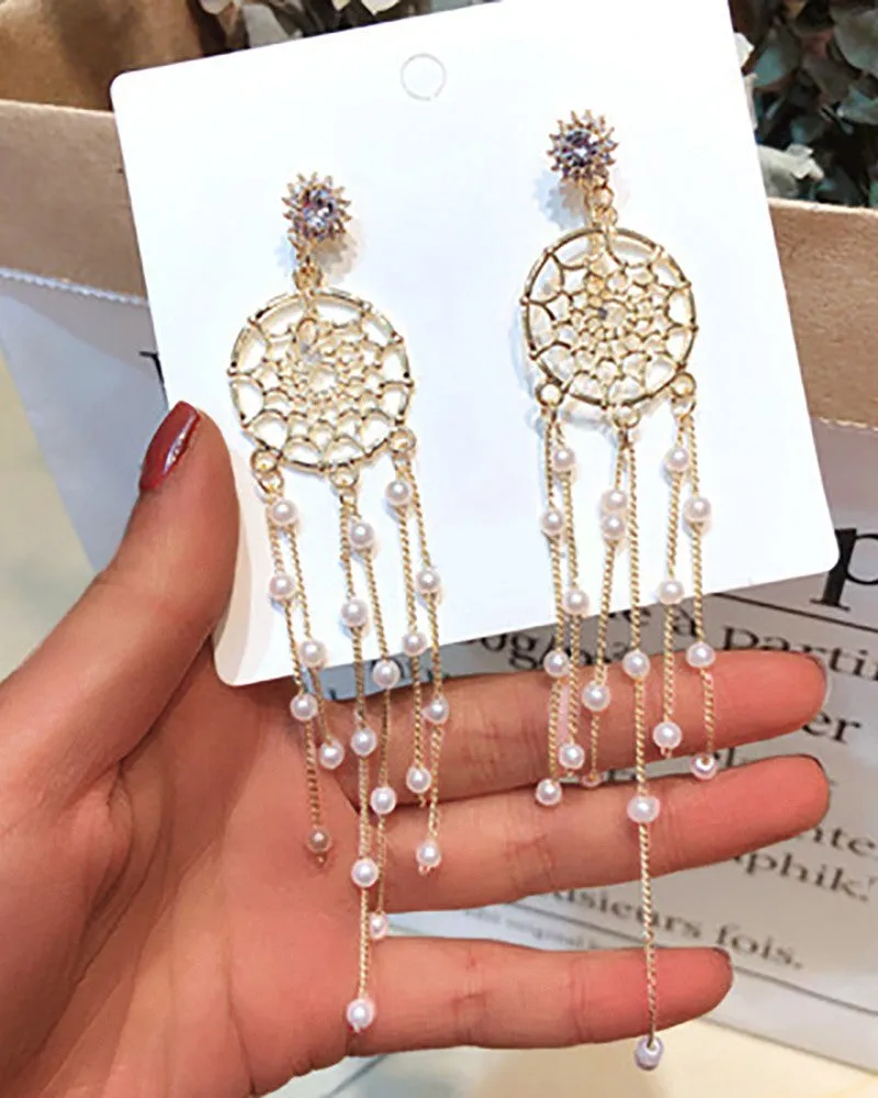 1Pair Dreamcatcher Beaded Tassel Rhinestone Earrings
