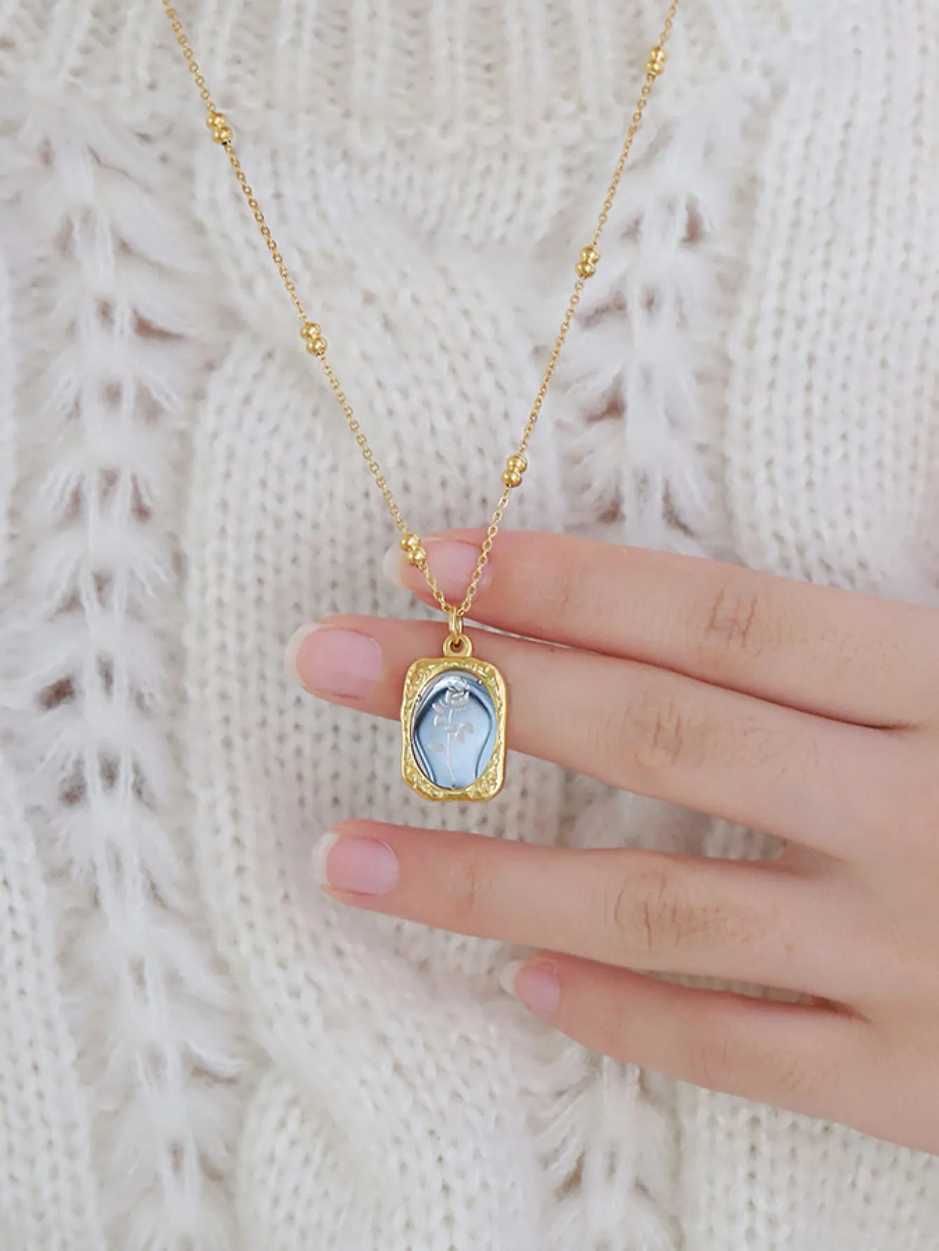 1pc Elegant magic Mirror Rose Stainless Steel Pendant Necklace For Women