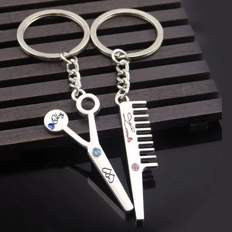 2 pcs Fashionable Scissors and Comb Key Ring Keyfob Couples Romantic Keychain Lover Gift Hot Popular