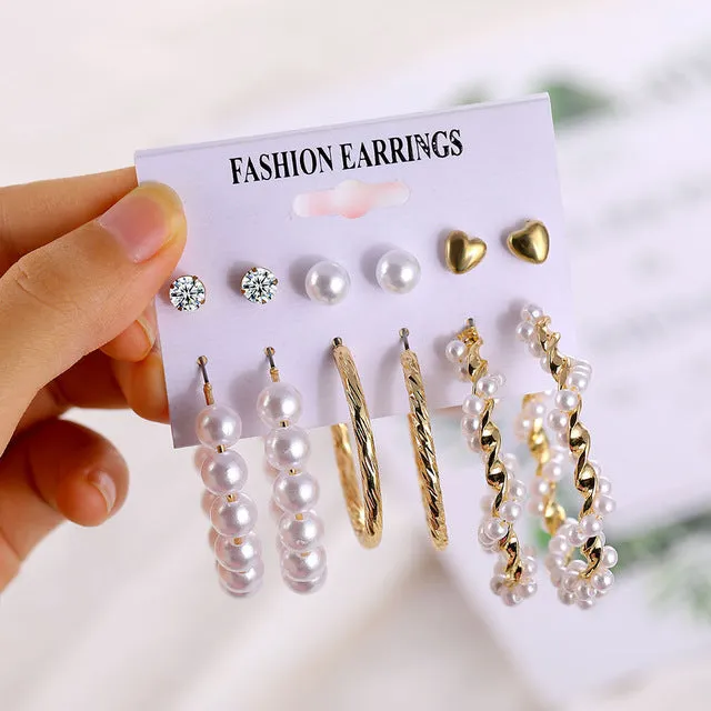 2020 Vintage Pearl Twist Big Circle Earrings Set for Women Fashion Geometric Imitation Pearl Crystal Earrings Jewelry