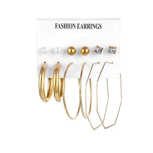 2020 Vintage Pearl Twist Big Circle Earrings Set for Women Fashion Geometric Imitation Pearl Crystal Earrings Jewelry