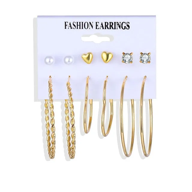 2020 Vintage Pearl Twist Big Circle Earrings Set for Women Fashion Geometric Imitation Pearl Crystal Earrings Jewelry