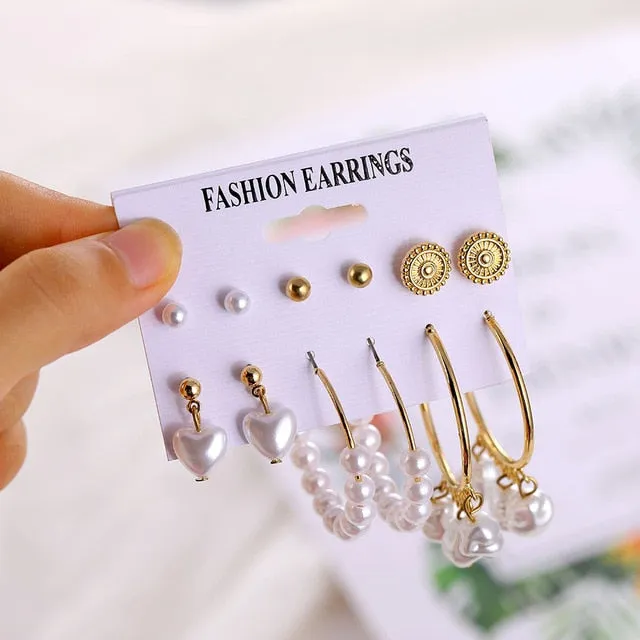 2020 Vintage Pearl Twist Big Circle Earrings Set for Women Fashion Geometric Imitation Pearl Crystal Earrings Jewelry