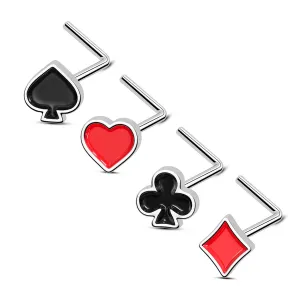 20G 4Pcs Poker Spade & Club & Diamond & Heart Shape L Shaped Nose Studs Pack