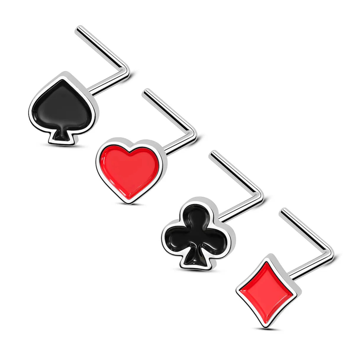 20G 4Pcs Poker Spade & Club & Diamond & Heart Shape L Shaped Nose Studs Pack