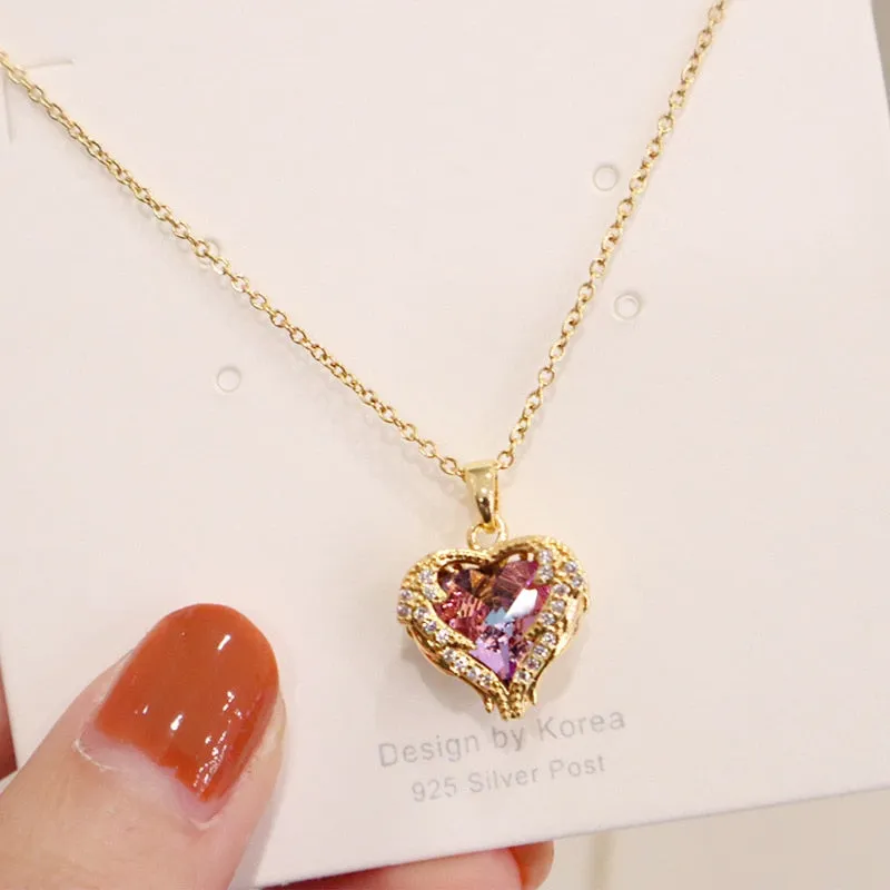 316L Stainless Steel Beautiful Love Heart Amethyst Gold Color Pendant Necklace