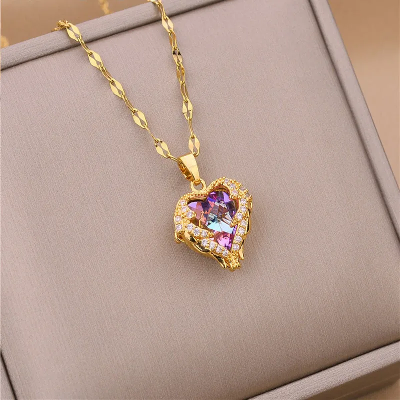 316L Stainless Steel Beautiful Love Heart Amethyst Gold Color Pendant Necklace