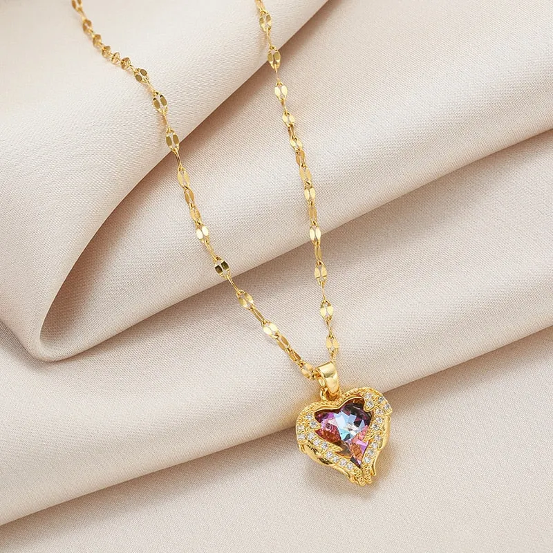 316L Stainless Steel Beautiful Love Heart Amethyst Gold Color Pendant Necklace