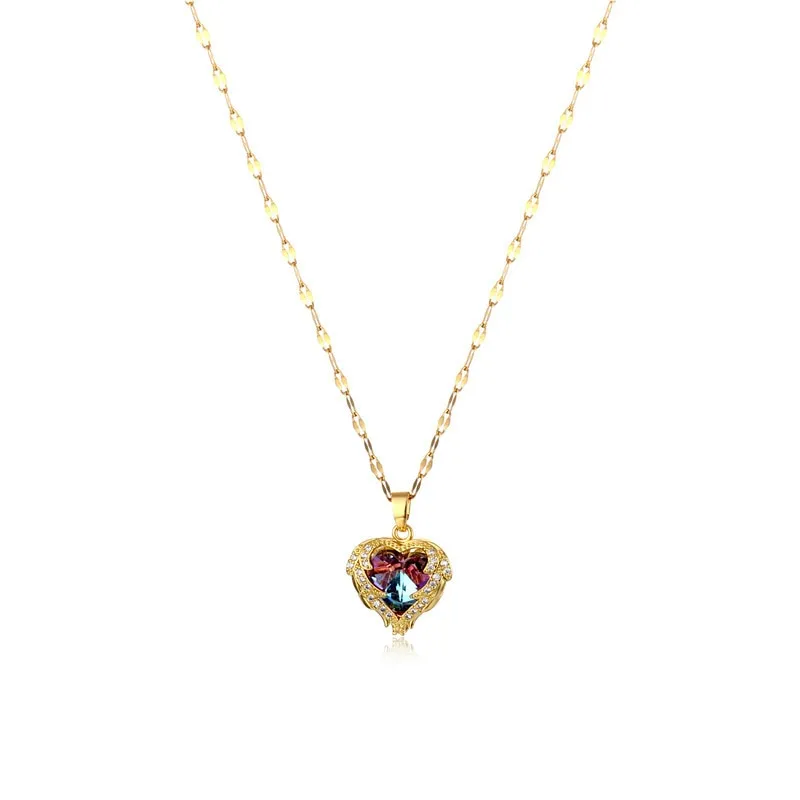 316L Stainless Steel Beautiful Love Heart Amethyst Gold Color Pendant Necklace