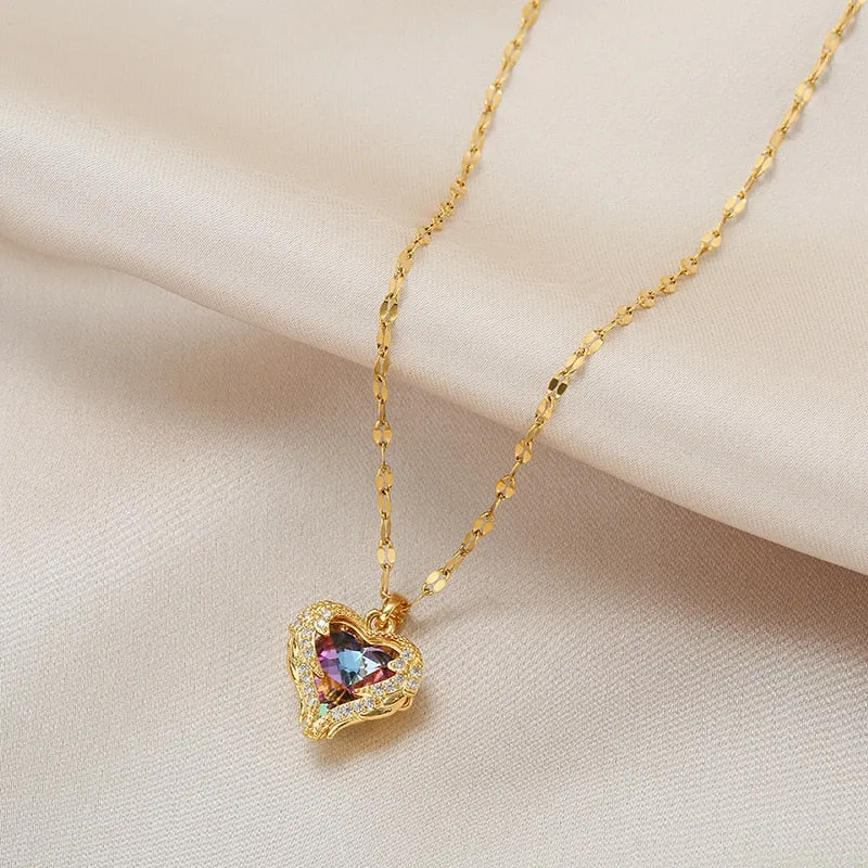316L Stainless Steel Beautiful Love Heart Amethyst Gold Color Pendant Necklace