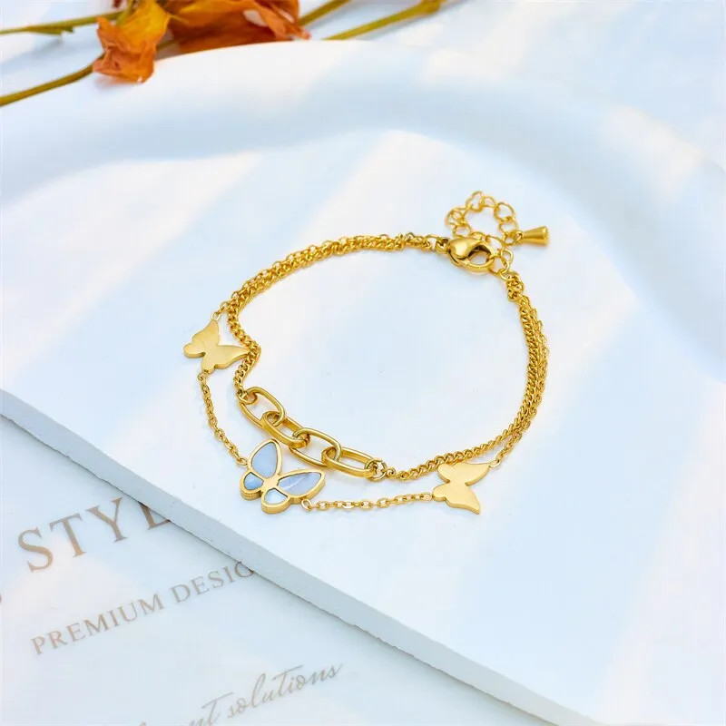 316L Stainless Steel Double Layer Butterfly Charm Bracelet For Women