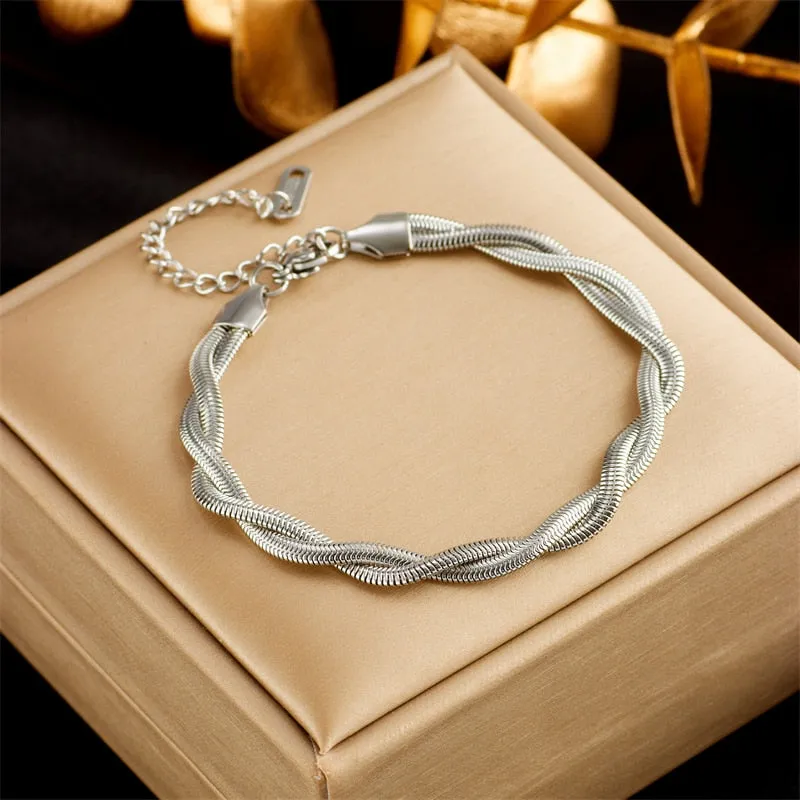 316L Stainless Steel Gold Color Double Snake Chain Crossing Twist Bracelet For Women