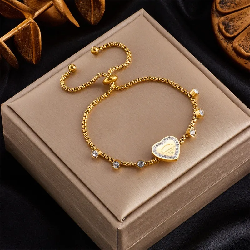 316L Stainless Steel Gold Color Heart Zircon Bracelet For Women