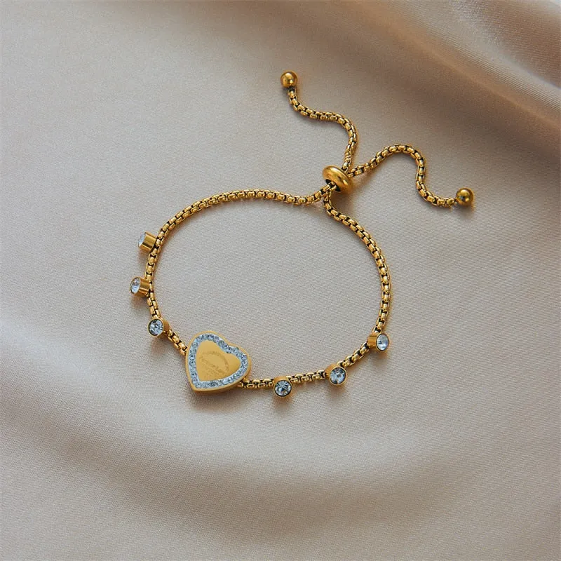 316L Stainless Steel Gold Color Heart Zircon Bracelet For Women