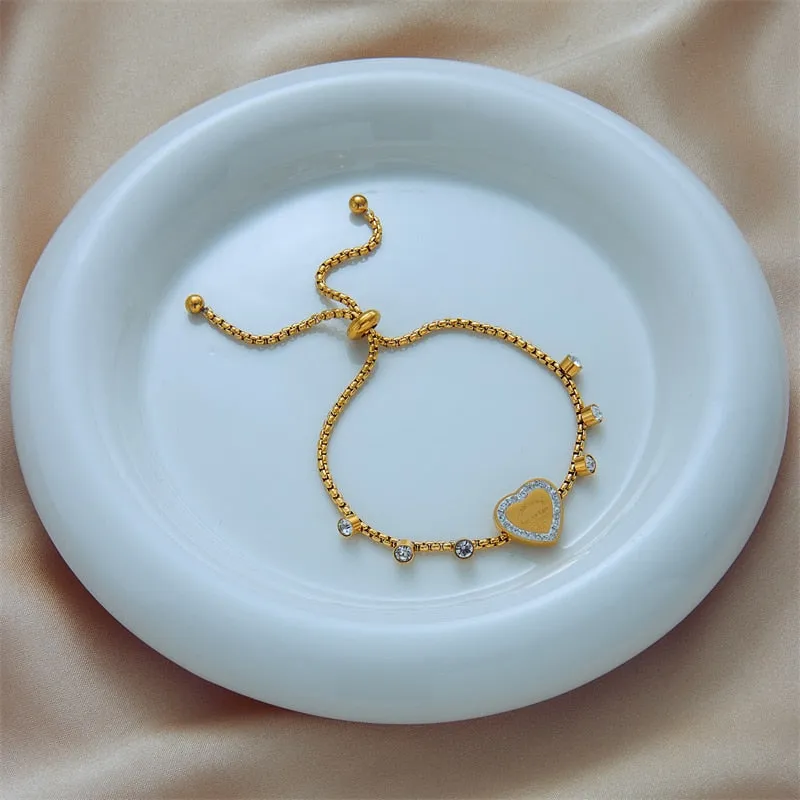 316L Stainless Steel Gold Color Heart Zircon Bracelet For Women
