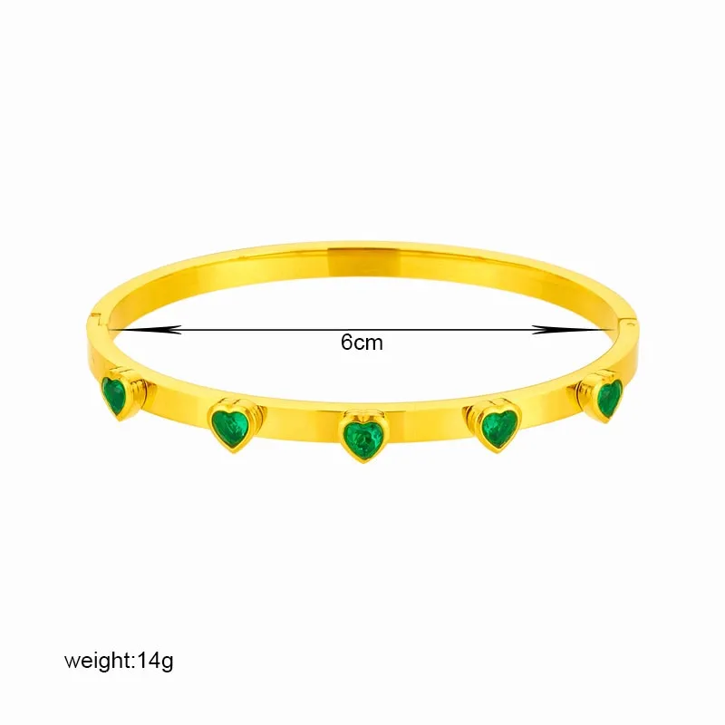 316L Stainless Steel Green White Heart Crystal Bangles Bracelet For Women
