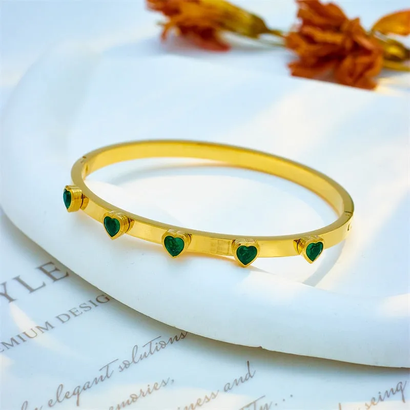 316L Stainless Steel Green White Heart Crystal Bangles Bracelet For Women