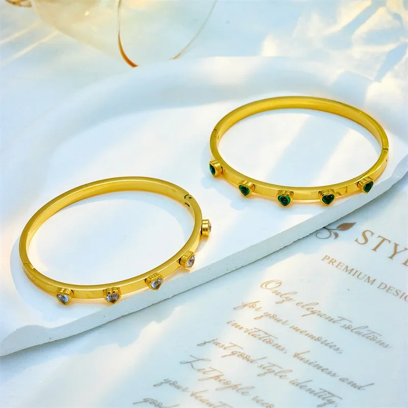316L Stainless Steel Green White Heart Crystal Bangles Bracelet For Women