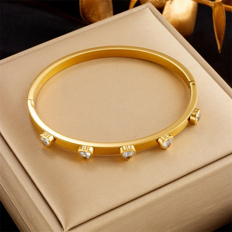 316L Stainless Steel Green White Heart Crystal Bangles Bracelet For Women