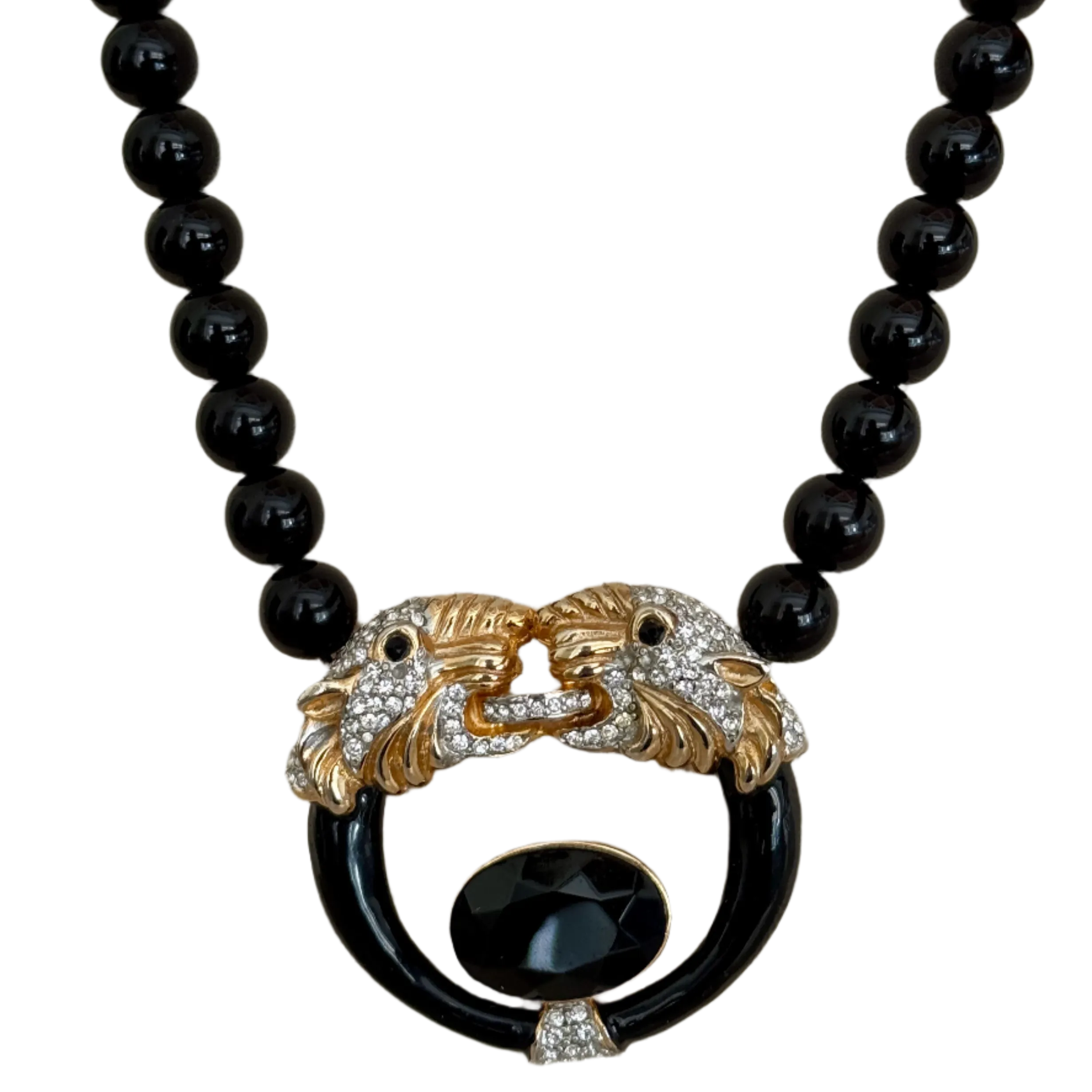 80s Double Gold Panther Black Beaded Neckalce