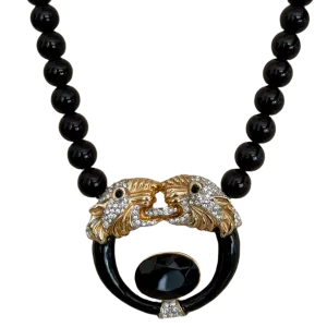 80s Double Gold Panther Black Beaded Neckalce