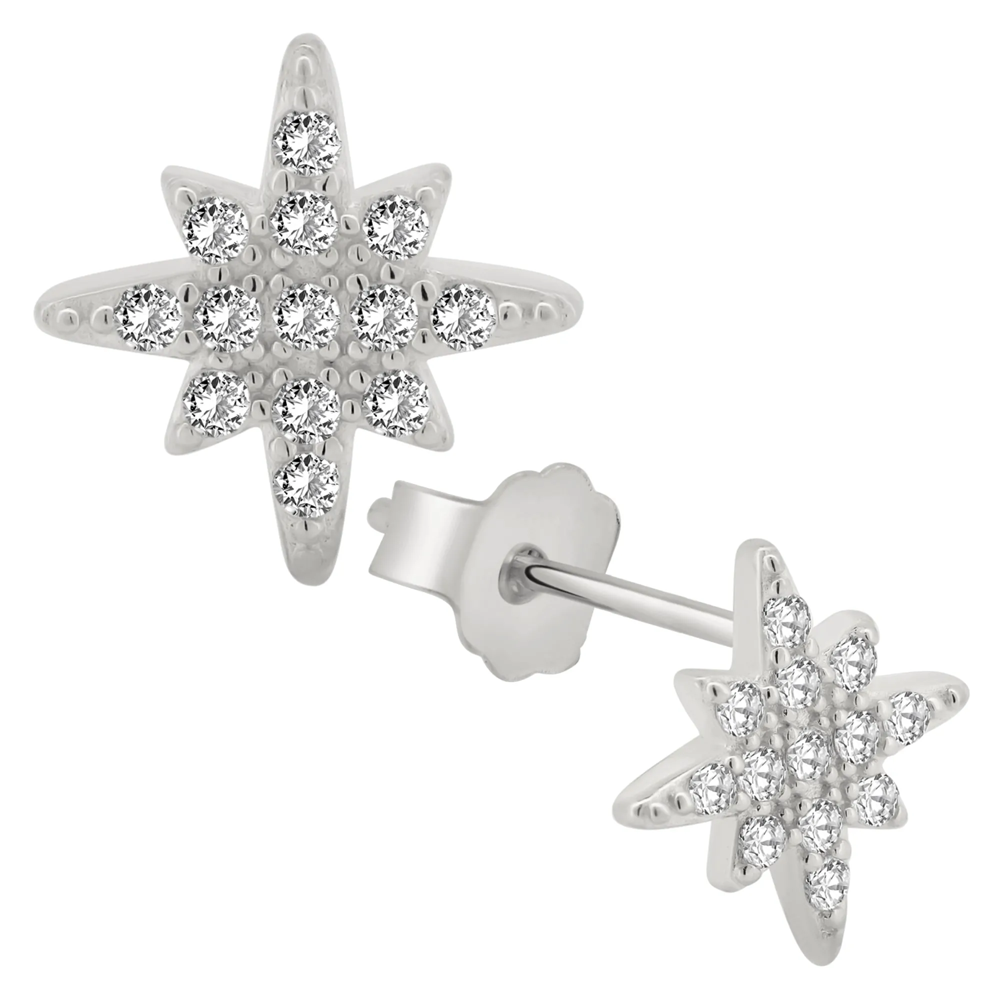 925 Sterling Silver Starburst Design with Cubic Zirconia Earring Push Backing
