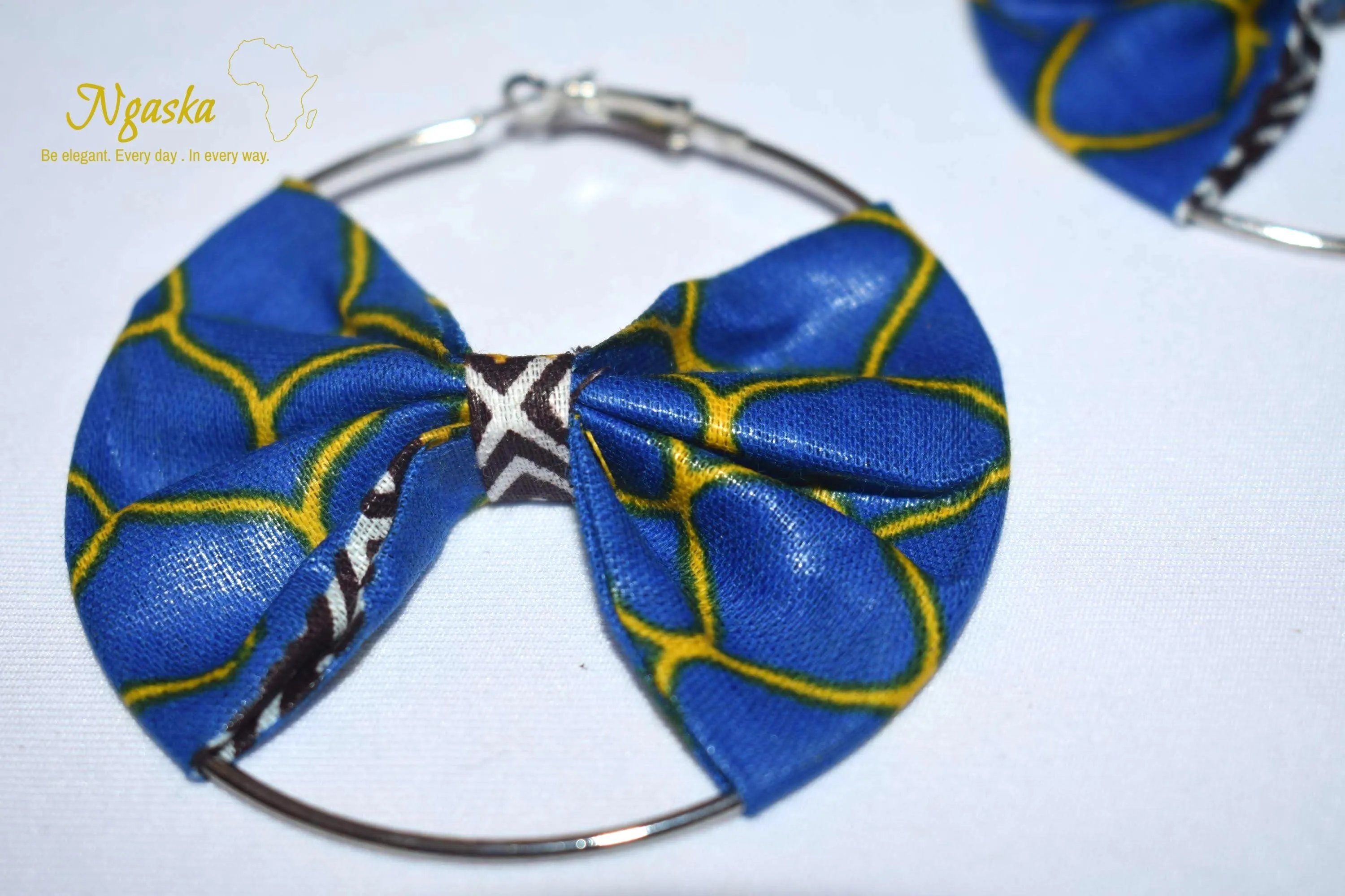 African Print Creole Hoop Earrings, Blue and Yellow - ER15
