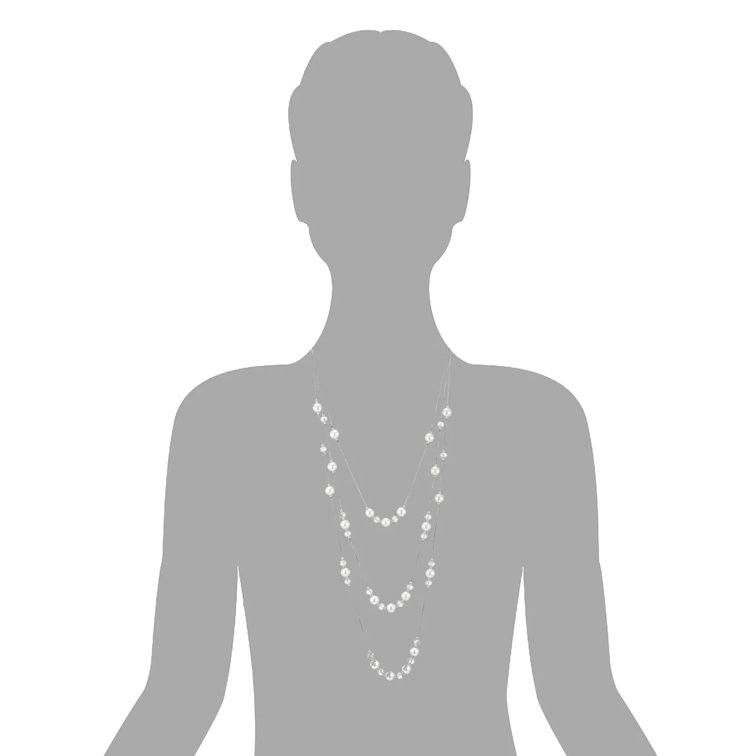 Beads Charms Statement Necklace Two-Strand Long Chains with White Pearls, Fashionable