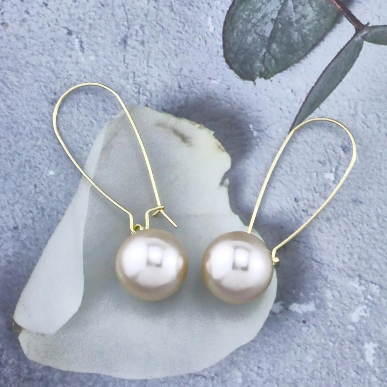 Big Pearl Hoop Earrings - Champagne Single Pearl Drop Earrings for Women