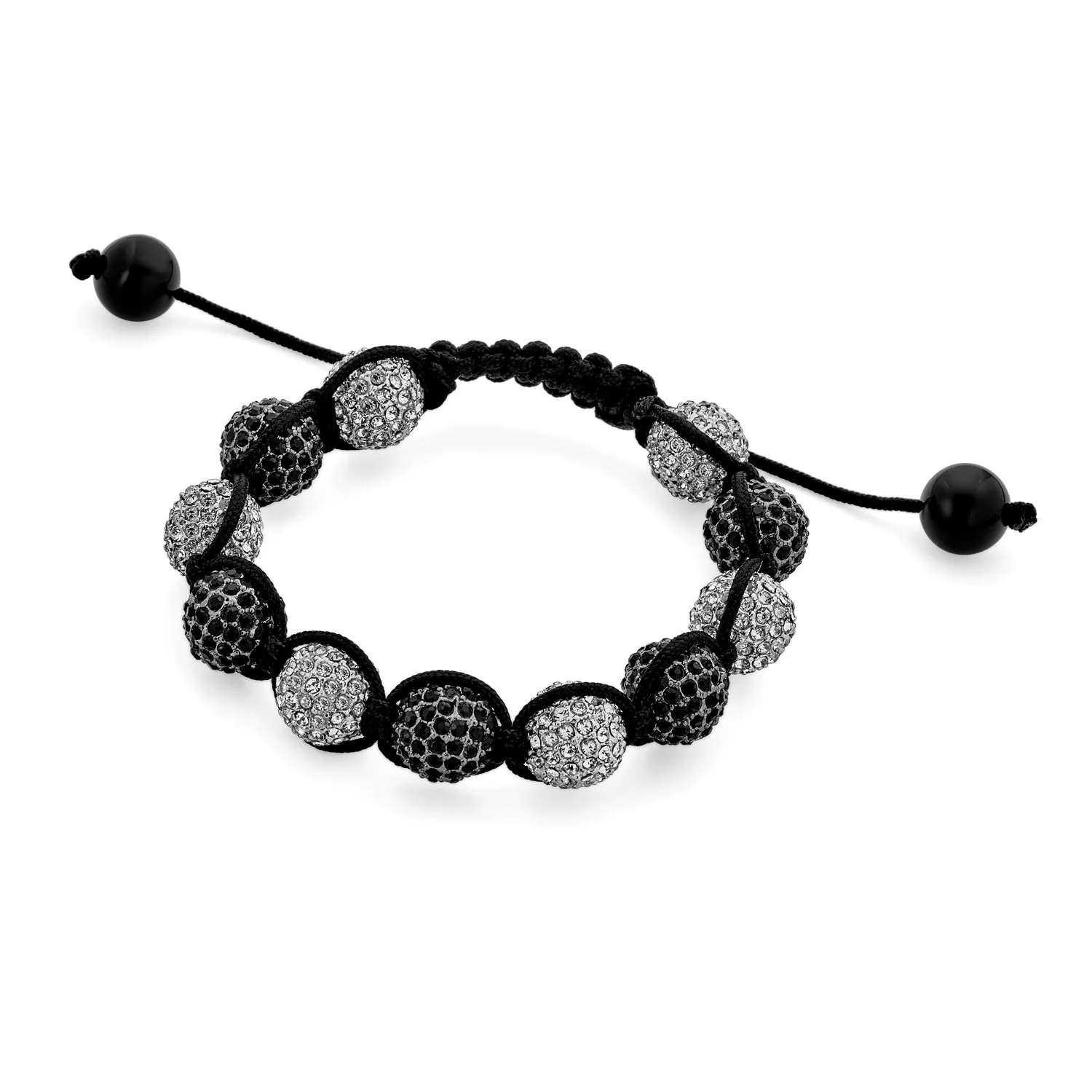Black Blue White Gold Tone Strand Bracelet with Pave Crystal Disco Ball